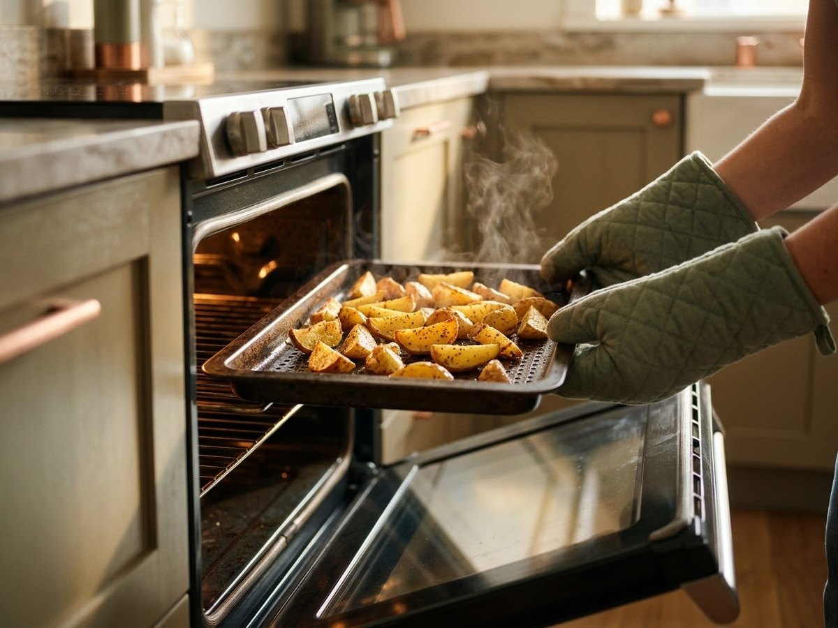 Tray of golden crispy potato wedges being lifted out of an electric range oven