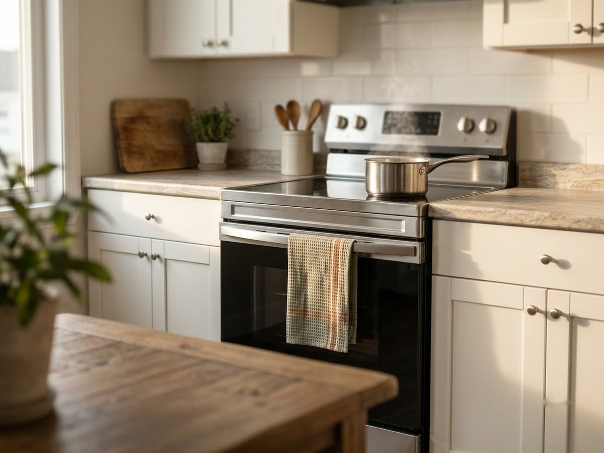 Simple stainless slide-in electric range fitted between white kitchen cabinets with a pot simmering