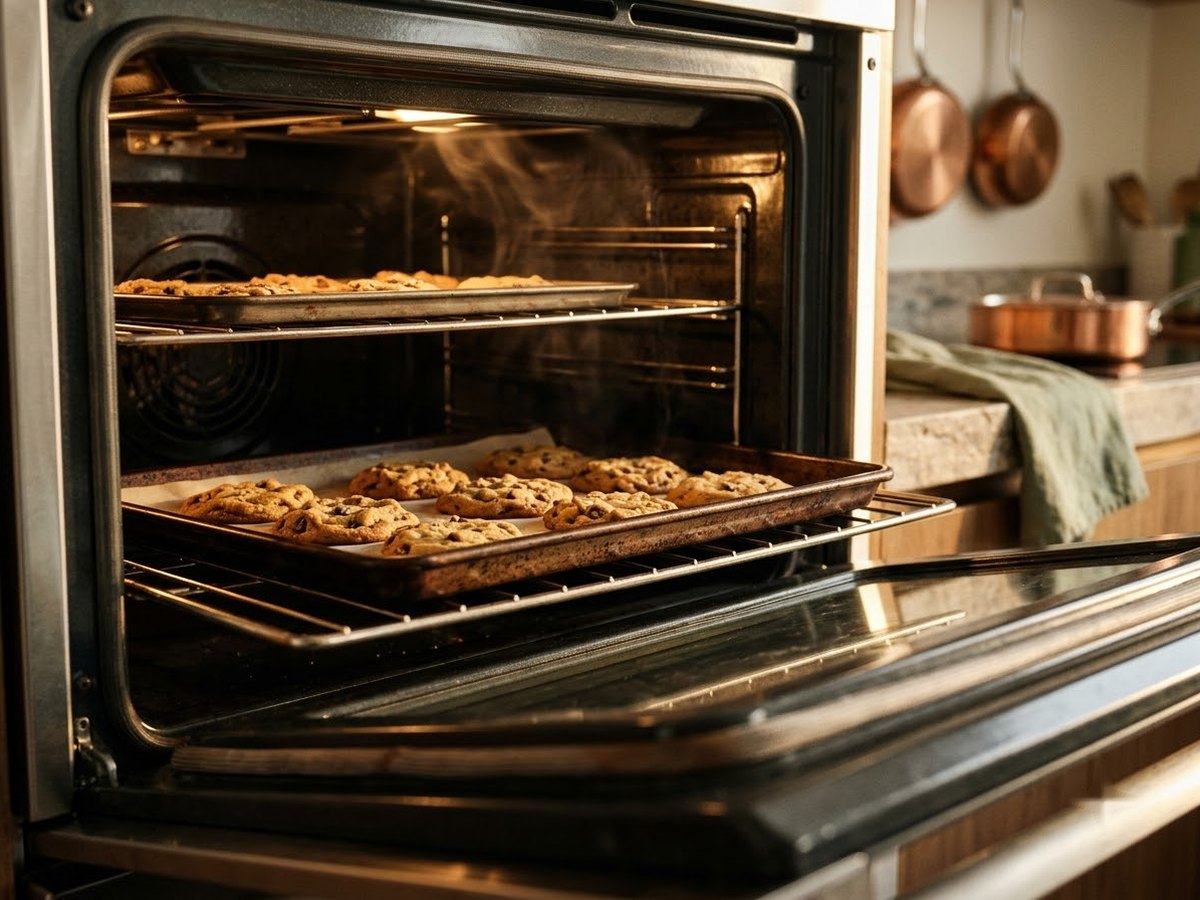 Two racks of evenly browned cookies baking in a lit convection oven