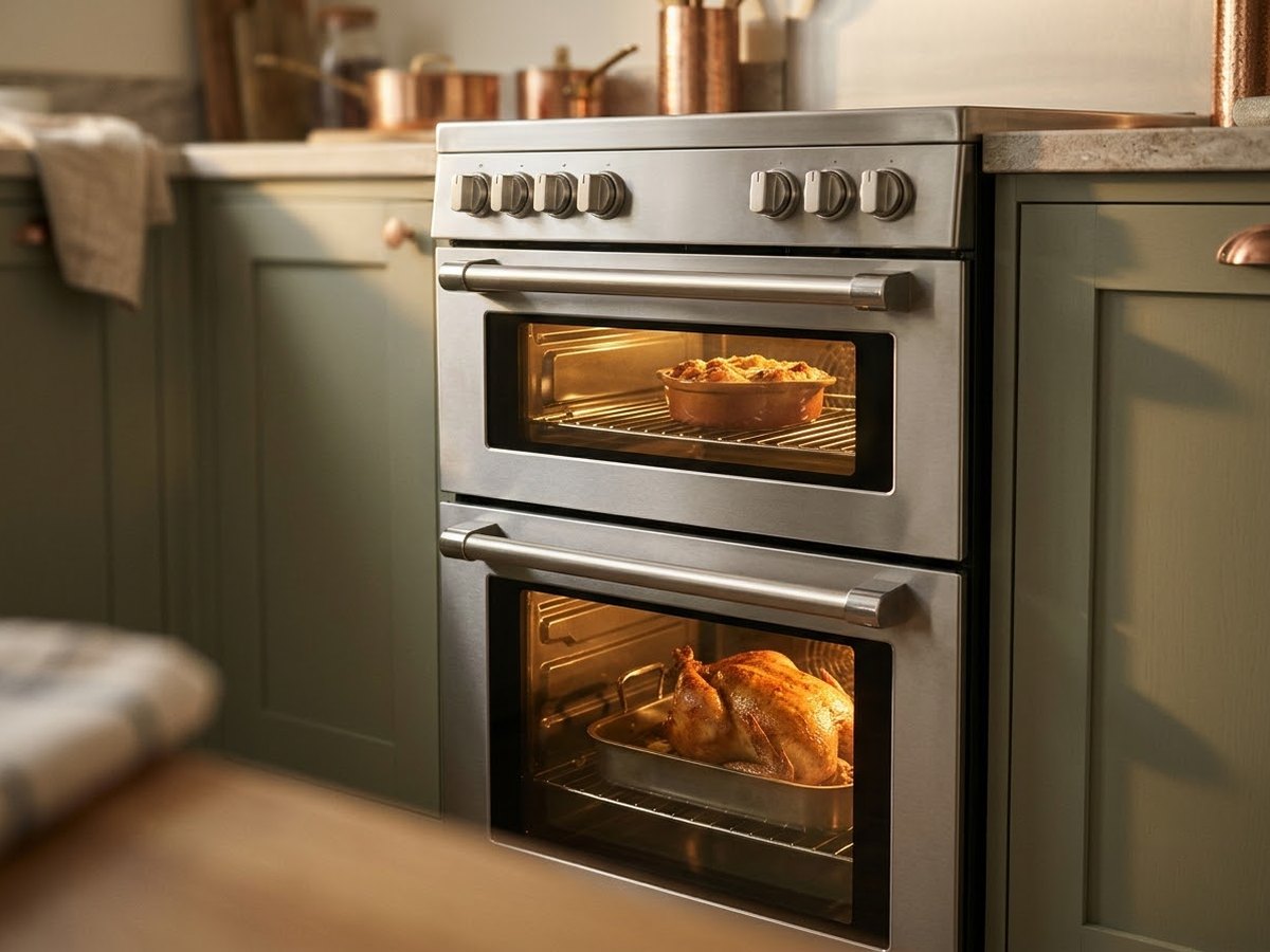 Double oven range with a casserole baking in the small upper oven and a roast in the larger lower oven