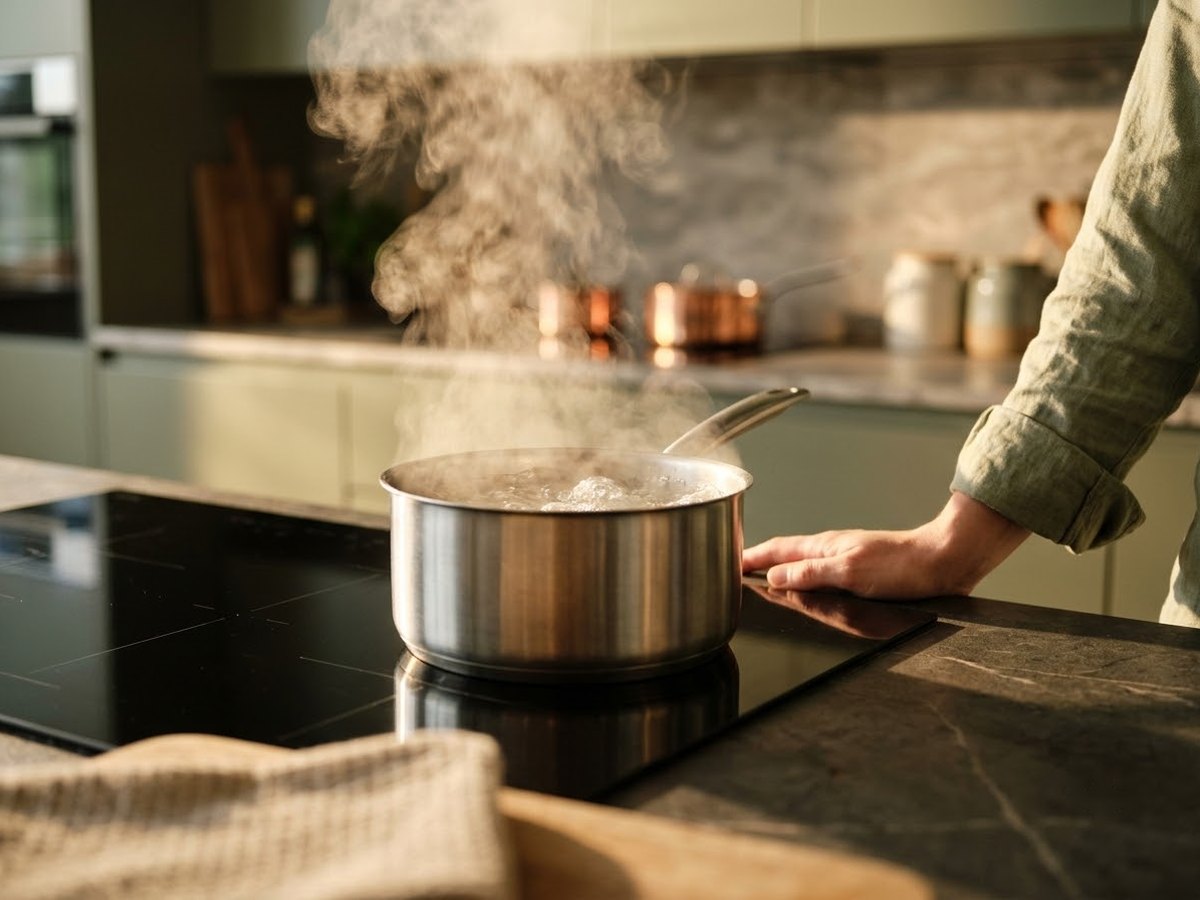 Pot of water coming to a rolling boil on a black induction cooktop, steam rising, in a modern kitchen