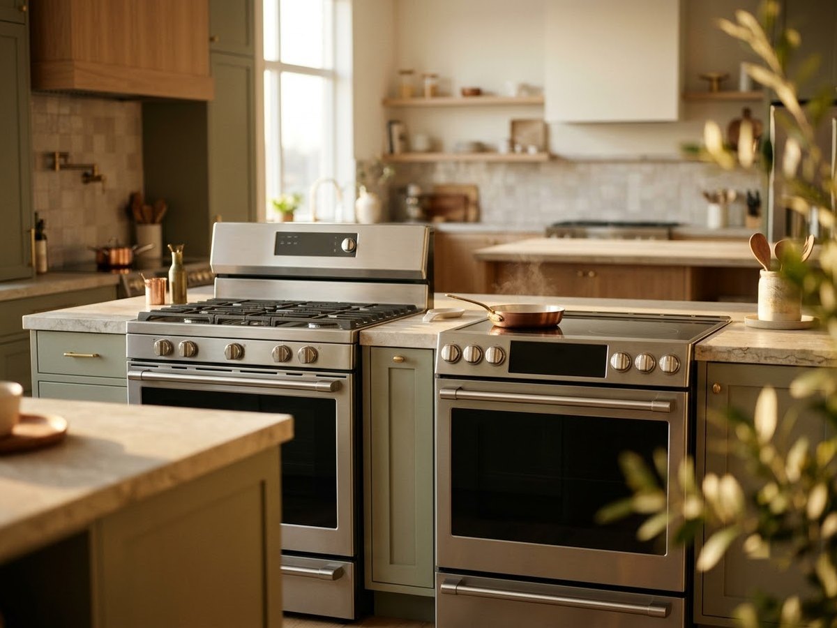 Freestanding range with a raised back panel beside a slide-in range sitting flush between countertops